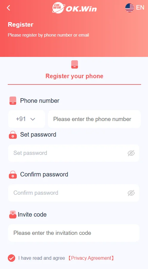ok win register page on app