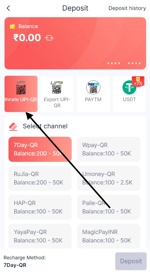 select the payment method for deposit