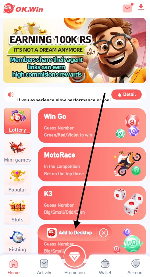 Ok win app download tap add to desktop option